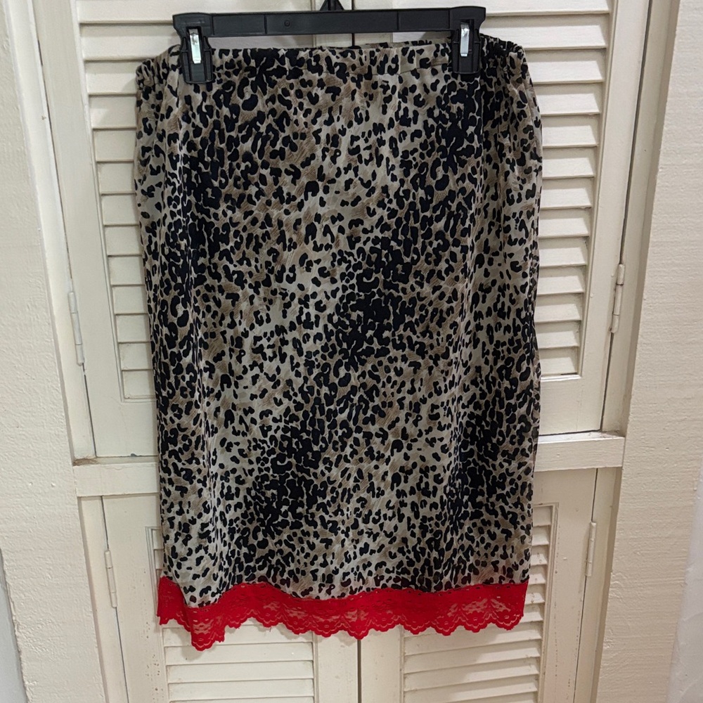 Leopard Print Slip Skirt with Red Lace Trim
